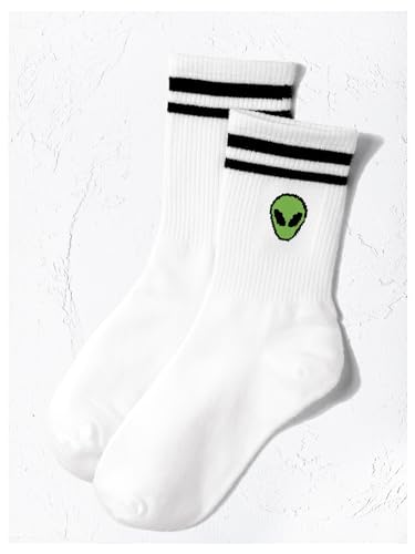 Image of GORGLITTER Women's 1 Pairs Casual Alien Patterned Crew Socks Athletic Ankle Dress Socks White Striped One-Size