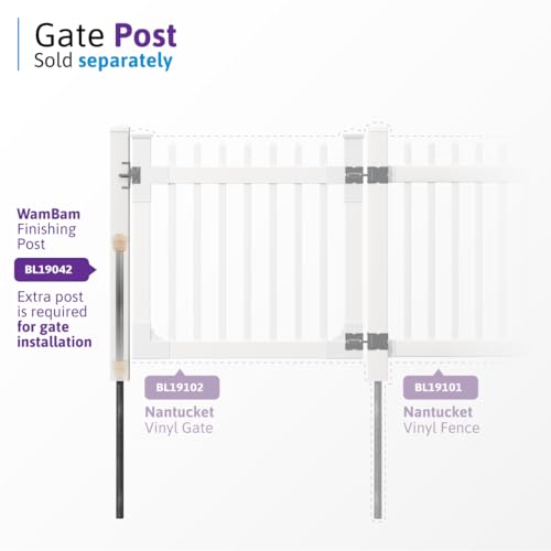 WamBam Nantucket Vinyl Picket Gate with Stainless Steel Hardware, 48" High by 48" Wide