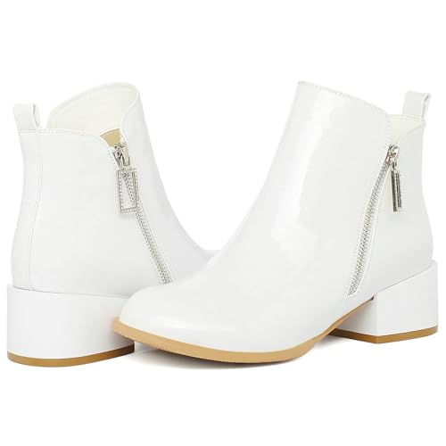 Parisuit Womens Patent Leather Booties Chunky Block Mid Heel Ankle Boots with Side Zipper Round Toe Dress Short Boots 5