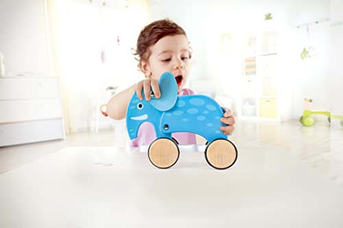 Image of Hape: Pull Along - Elephant - Blue - Wooden Animal Toy, Rubber Rimmed Wheels, Encourages Walking, Push & String Pull, Kids, Baby & Toddler, Age 12 mo+