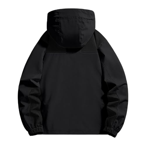 Image of Color Block Waterproof Hooded For Men Rain Shell Jacket Windproof Coat With Adjustable Drawcord Hood & Velcro Cuffs Packable Zip Up Hiking Camping And Fishing Outdoor Activities Black Xs
