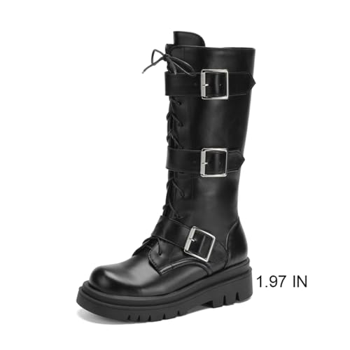 Image of FOREADA Goth Boots Chunky Heel Boot For Women Ankle Combat Booties Black Platform Bootie Buckle Rivets Punk Goth Shoes With Zipper