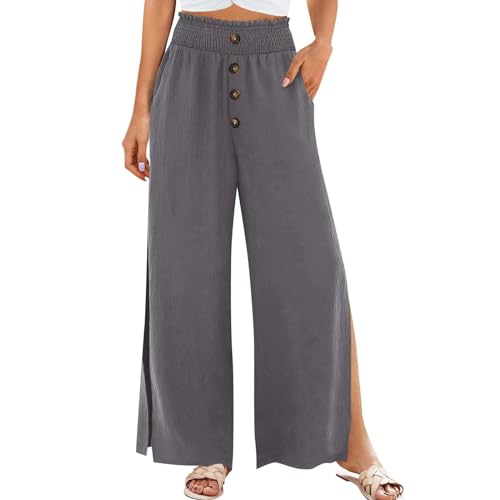 Palazzo Pants for Women Cotton Linen High Waist Wide Leg Pant Button Side Slit Trousers Casual Pants with Pockets 2025