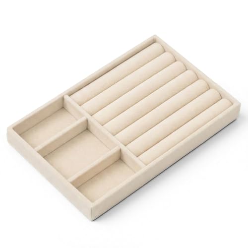 Bruislard Jewelry Box Insert Organizer for Drawer Stackable Trays Velvet Jewelry Drawer Inserts Ring Earring Stud Necklace Holder Display Storage Case(Beige 8.3 x 4.9in)