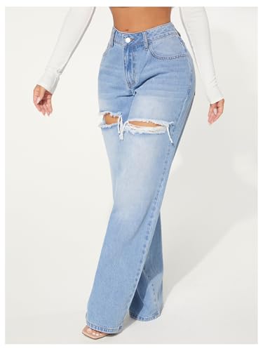 Floerns Women's Straight Leg Ripped Jeans Low Waisted Casual Distressed Denim Pants2