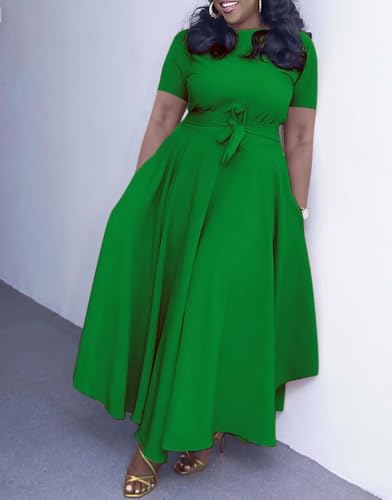 Image of Hostoyo Women Plus Size Formal A Line Maxi Dress Self Tie Waist with Pockets Elegant Round Neck Swing Long Dresses
