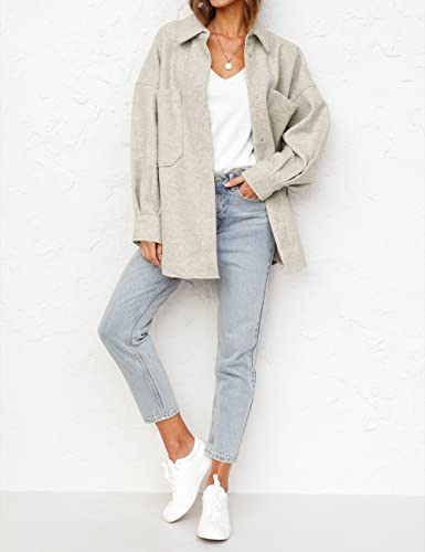 Merokeety Womens Long Sleeve Wool Shacket Jacket Lapel Button Down Coats Outwear With Pockets, Oatmeal, S #TOP5