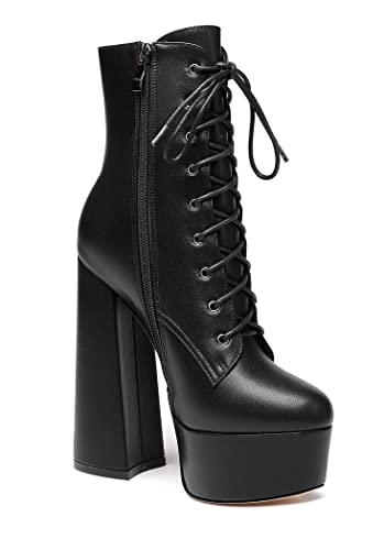 Eldof Women's Platform Chunky Block Heel Ankle Booties Sexy 6 Inch High Heel Lace Up Side Zipper Round Toe Boots3