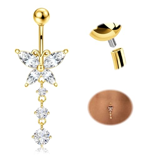 Jstyle G23 Titanium Dangle Belly Button Rings for Women 14G Internally Threaded Belly Ring Dangling Piercing Jewelry with Butterfly CZ Hypoallergenic Navel Piercing Ring 14K Gold