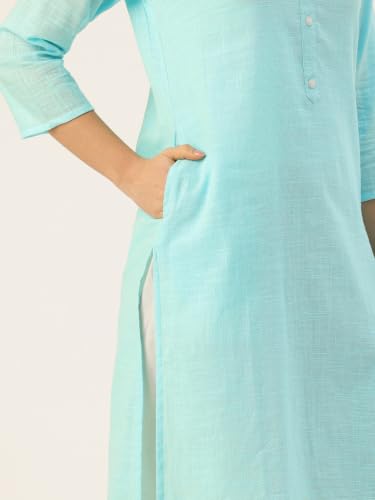 Image of feranoid Women's Plain Cotton Kurta with Mandarin Collar, 3 /4 Sleeves & Pocket