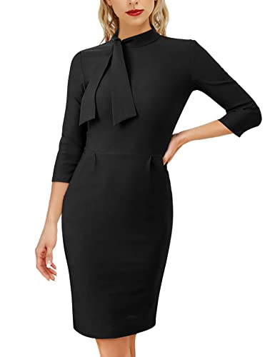 MUXXN Women's Midi Pencil 1950s Vintage Cocktail 3/4 Sleeve Tie Neck Bodycon Mid-Calf Dress with Pockets3