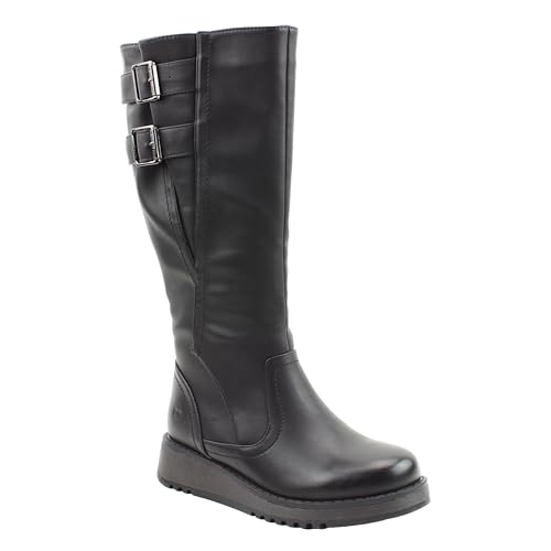 Heavenly Feet Bernice Wide Calf Boots, Vegan Friendly Ladies Tall Boots with Adjustable Buckles, Memory Foam Insole & Warm Lining, Black Equestrian Style Long Boots for Women, Black Size 3, Black, 7