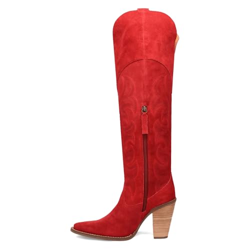 Dingo Womens Primadonna Embroidered Snip Toe Zippered Casual Boots Over the Knee High Heel 3" & Up - Red3