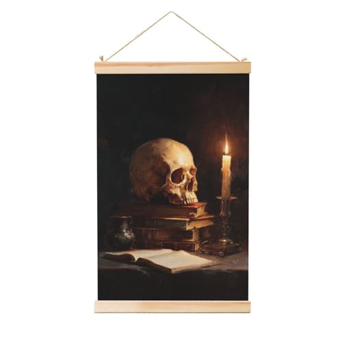 Woshuwo Teschio sui libri con dipinto da appendere in lino a lume di candela, arte da parete in lino per la casa, opera d'arte moderna, decorazione per casa colonica, 40 x 60 cm