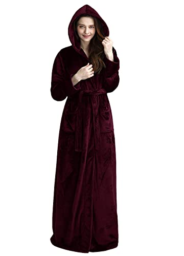 Artfasion Women Hood Plush Robes: Long Soft Warm Full Length Bathrobes Luxurious Fluffy Fleece Winter Bath Robes Wine with Pockets for Mom Wife Friends Shower Spa Mother's Day Gifts (Wine Red X-Large)