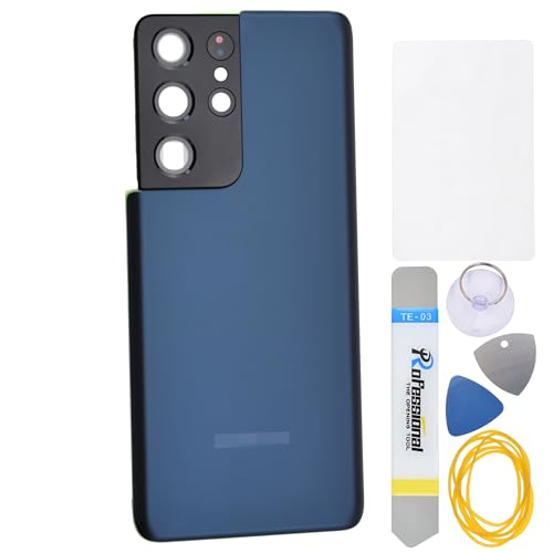 Navy Blue Acrylic Glass Back Cover Replacement for Samsung Galaxy S21 Ultra 5G SM-G998B with Rear Camera's Frame and Glass Pre Cut Adhesive and Tool Kit