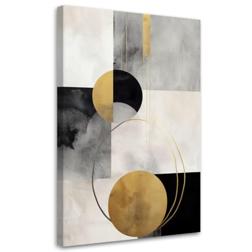 Pintura abstracta sobre lienzo negro, blanco y dorado de 40x60cm