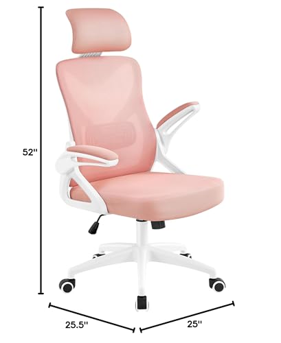Image of Yaheetech Ergonomic Office Chair with Headrest, Lumbar Support, White /Pink | Breathable mesh high-back adjustable headrest, padded seat, and flip-up armrests supports your back and neck, holds 300lb
