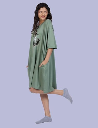 Image of LAMA STORE Women's Printed Oversized T-Shirt Dress, Cotton, 3 /4 Sleeve Length, Casual Loose Fit, Comfort Wear Extra Comfy Oversized Printed Pocket T-Shirt Dress