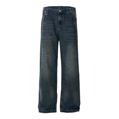Jeans Pants Trousers Denim Retro Street Trendy Washed Blue Straight Leg Wide Loose Commuter for Men
