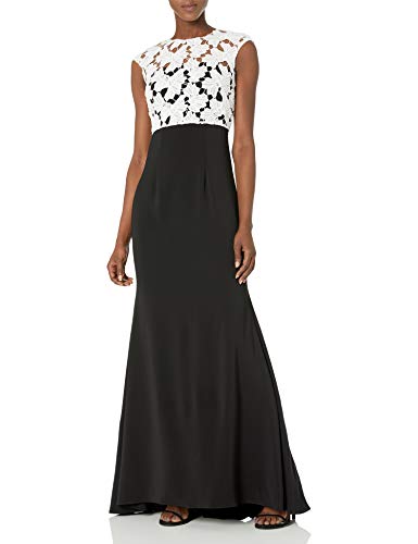 Carmen Marc Valvo Infusion Women's Crepe Strapless Gown W/Cap Sleeve Lace Popover, Black/White, 6