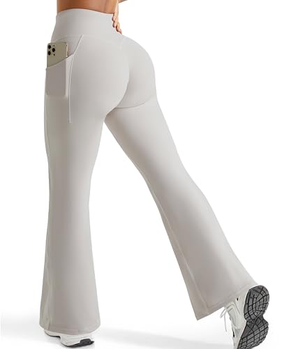 OMKAGI Women Flared Yoga Pants with Pockets Soft High Waisted Wide Leg Workout Leggings(XS,Beige-233)