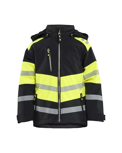 Chaqueta softshell infantil reflectante negra y amarilla con capucha ajustable