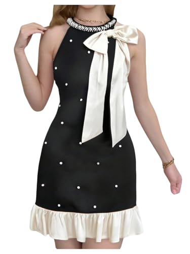 SweatyRocks Girl's Bow Pearl Sleeveless Princess Dress Color Block Ruffle Hem Summer Dresses