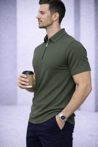 Image of Mack Jonney Men Ribbed Polo T-Shirt | Regular Fit | Half Sleeve | Zip Collar Casual T-Shirt-MJ-94