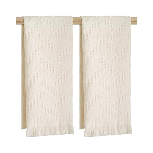 Boho Decor Bathroom Hand Towels: 2 Packs 14X30 Luxury Decorative 100% Turkish Cotton Soft Absorbent Fast Drying Face Towel Set Housewarming Mom Kitchen Spa Guest Tea Hotel Farmhouse (01 Creamy White)