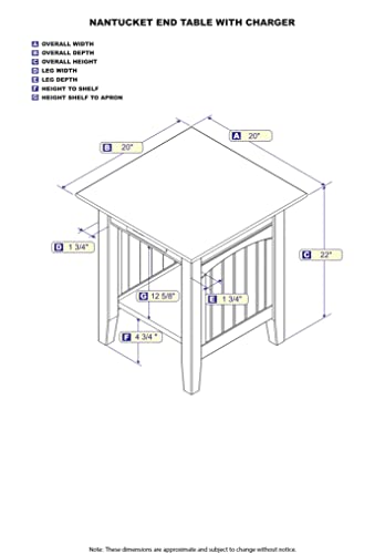 Atlantic Furniture Nantucket End Table With Charging Station, Walnut, 20" X 20" #TOP2