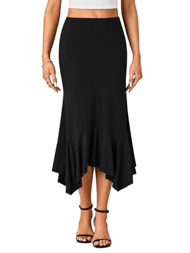 OPOIPIN Women's Stretchy High Waist Ruffle Asymmetrical Hem Flowy Midi Skirt2