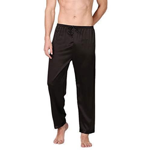Men's Silk Satin Pajama Bottoms Pants Sleep Soft Long Classic Pajama Trousers Solid Lounging Pants Black XL2
