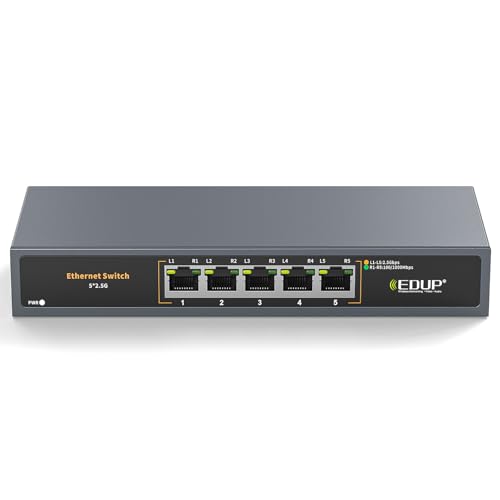 Ethernet Switch 2.5 Gigabit, 5 Ports Multi-Gigabit Ethernet Switch, Unmanaged, Fanless, Plug & Play, Reliable Network Splitter, Ideal for Gaming, NAS, PC, Silent, Desktop/ Wall Mount, Metal Design