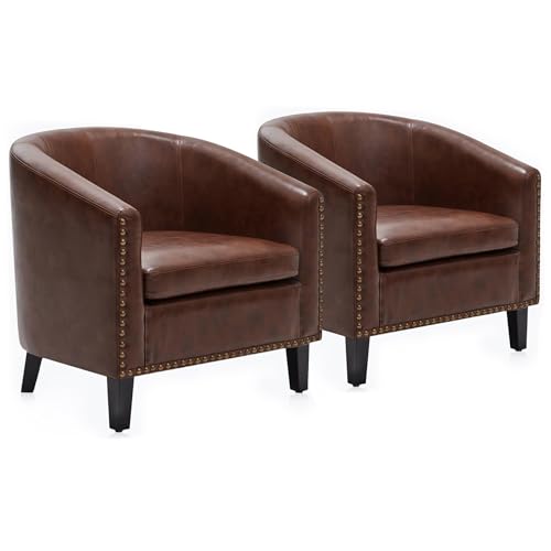 BELLEZE Accent Barrel Chair, Set of 2 Modern Faux Leather Tub Club Chair Upholstered Armchair with Gold Nail Head Trim and Black Legs for Living Room