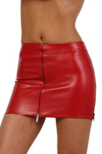 MISS NOIR Mini Jupe Sexy Effet Mouillé pour Femme (S-3XL) Vinyle Aspect Cuir Jupe Courte avec Fermeture éclair Wetlook Jupes Clubwear, Rouge (2085-RD), L