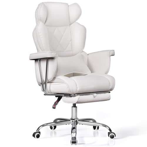 DEVAISE Chefsessel Bürostuhl Ergonomisch PU Leder Breit mit Fußstütze, Wippfunktion und Winkelverriegelung, Maximaler Neigungswinkel 145°, Höhenverstellbar, Liegestuhl für Büro & Zuhause Weiß DEVAISE Chefsessel Bürostuhl Ergonomisch PU Leder Breit mit Fußstütze, Wippfunktion und Winkelverriegelung, Maximaler Neigungswinkel 145°, Höhenverstellbar, Liegestuhl für Büro & Zuhause Weiß