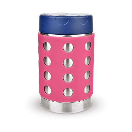 LunchBots Thermal 16 oz Triple Insulated Food Container - Hot 6 Hours or Cold 16 Hours - Leak Proof Thermos Soup Jar - All Stainless Interior - Navy Lid - Pink Dots