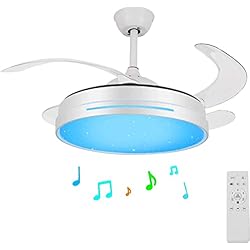 Lampara Ventilador Con Altavoz 24W Ventilador de techo con luz LED y mando, Ventiladores de Techo con Cuchillas Retráctiles Silenciosos Reversible, Regulable Ventilador de techo con Altavoz Bluetooth Para Sala de Estar Restaurante
