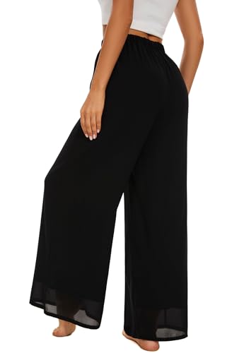 Womens Lightweight Evening High Elastic Waisted Wide Leg Dressy Pants Casual Flowy Trousers2
