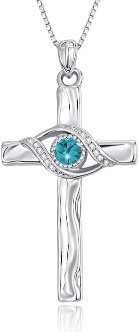 HeartMelody Cross Necklace for Women,14K 18K Gold Plated Evil Eye with Birthstone Pendant Necklaces Everyday Religious Faith Jewelry Birthday Christmas Gifts for Women Mom Her