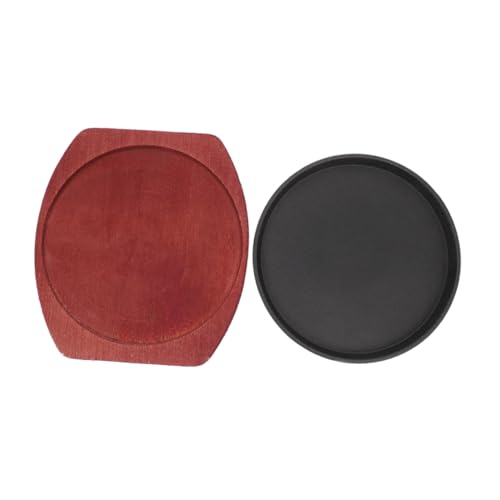 Artibetter Thick Cast Iron Sizzling Pan Set with Wooden Serving Tray Non-Stick Round Griddle Plate for Home Cooking Suitable for Induction and Gas Stoves for Steaks Fajitas and Family Meals