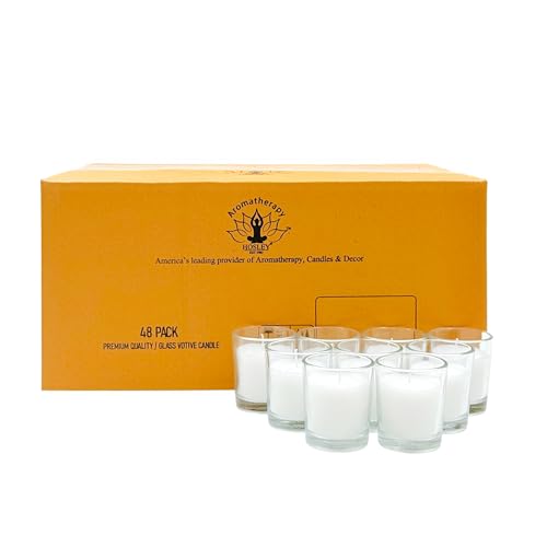 Image of Hosley 48 Pack White Unscented Votive Candles, Clear Glass, Hand-Poured Wax, Bulk Wedding & Party Candles for Gifts, Tables, Aromatherapy & Holidays Party Weddings Birthdays (White)