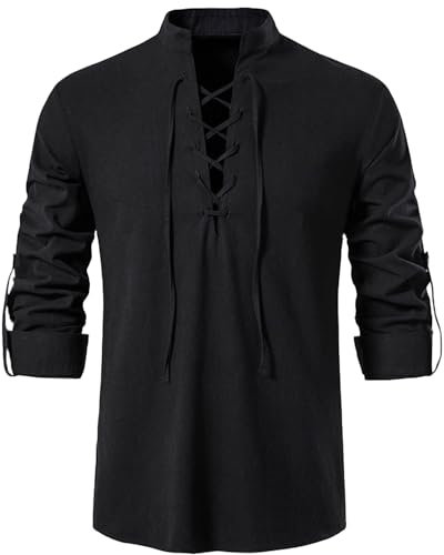 Kvruhuiy Herren Leinenhemd Freizeithemd Langarm Lace Up Hemden Baumwolle Hemd Mittelalter Vintage Kostüm Tops Schwarz M