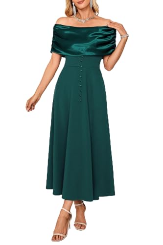 Newshows Cocktailkleid Damen Elegantes Partykleid Abendkleider Schulterfreies A Linien Lang Hochzeitsgäste Kleid Grün,XL