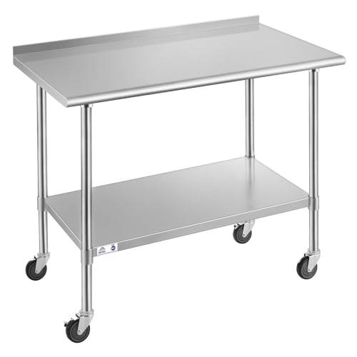 Image of Stainless Steel Table for Prep & Work with Backsplash and Caster 30x48 Inches, NSF Metal Commercial Kitchen Table with Adjustable Under Shelf and Table Foot for Restaurant, Home and Hotel