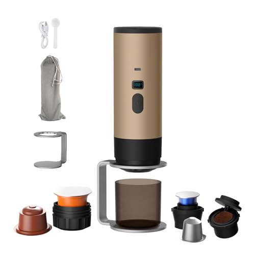 Generico Macchina Caffe Portatile 3-in-1, Macchina per Caffè Espresso con Display LED e Type-C per Viaggi, Ufficio e Auto, Auto-Riscaldamento in 3-5 Minuti (Marrone (Con supporto e velluto))