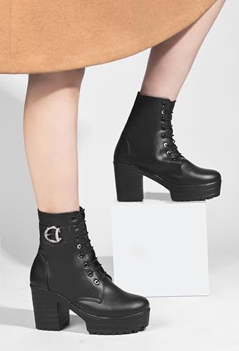 Image of JM LOOKS Women's Lace-Up Platform Block Heel Boots | Stylish and Comfortable for Any Occasion