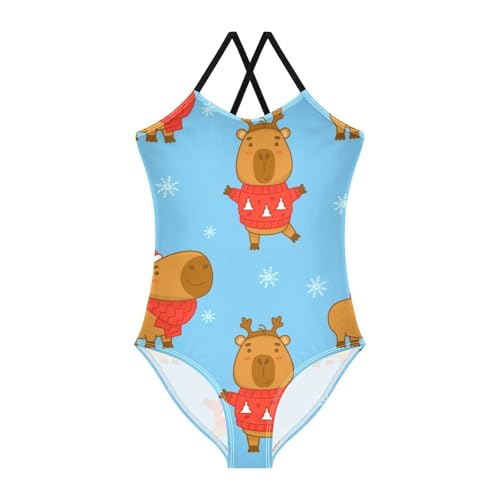 Girls One Piece Swimsuits Cute Winter Capybara on Blue Sport Halter Swimwear Beach Bathing Suit,9-10T