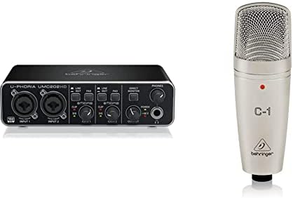Behringer U-Phoria Umc202Hd Interface De Audio/Midi Usb + C-1 Micrófono De Condensador (De Estudio, Xlr, 100 Ω, 40 Hz 20 Khz), Color Dorado